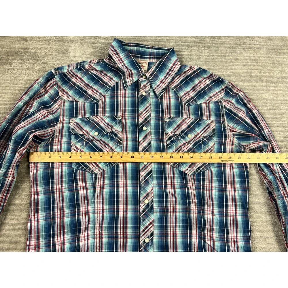 True Religion Shirt Mens XXL Blue Plaid Western Pearl Snap ML4BL68MDHP Cotton
